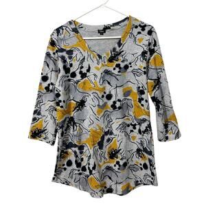 Shana Graphic Top Women Small Gray Yellow Knit Horse Print Cozy Soft Western